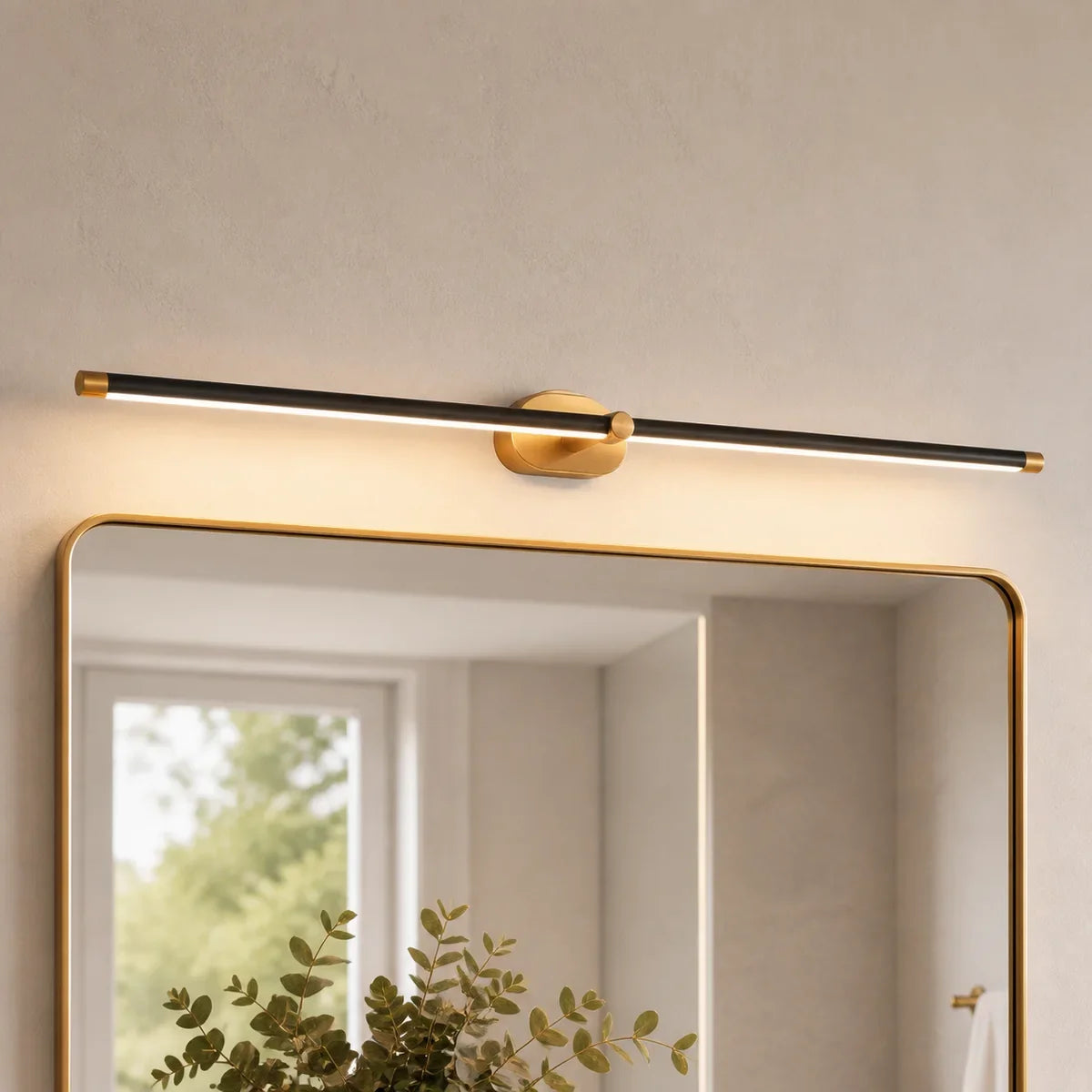 Luminara 38.5 inch Black and Gold mirror light in a bathroom