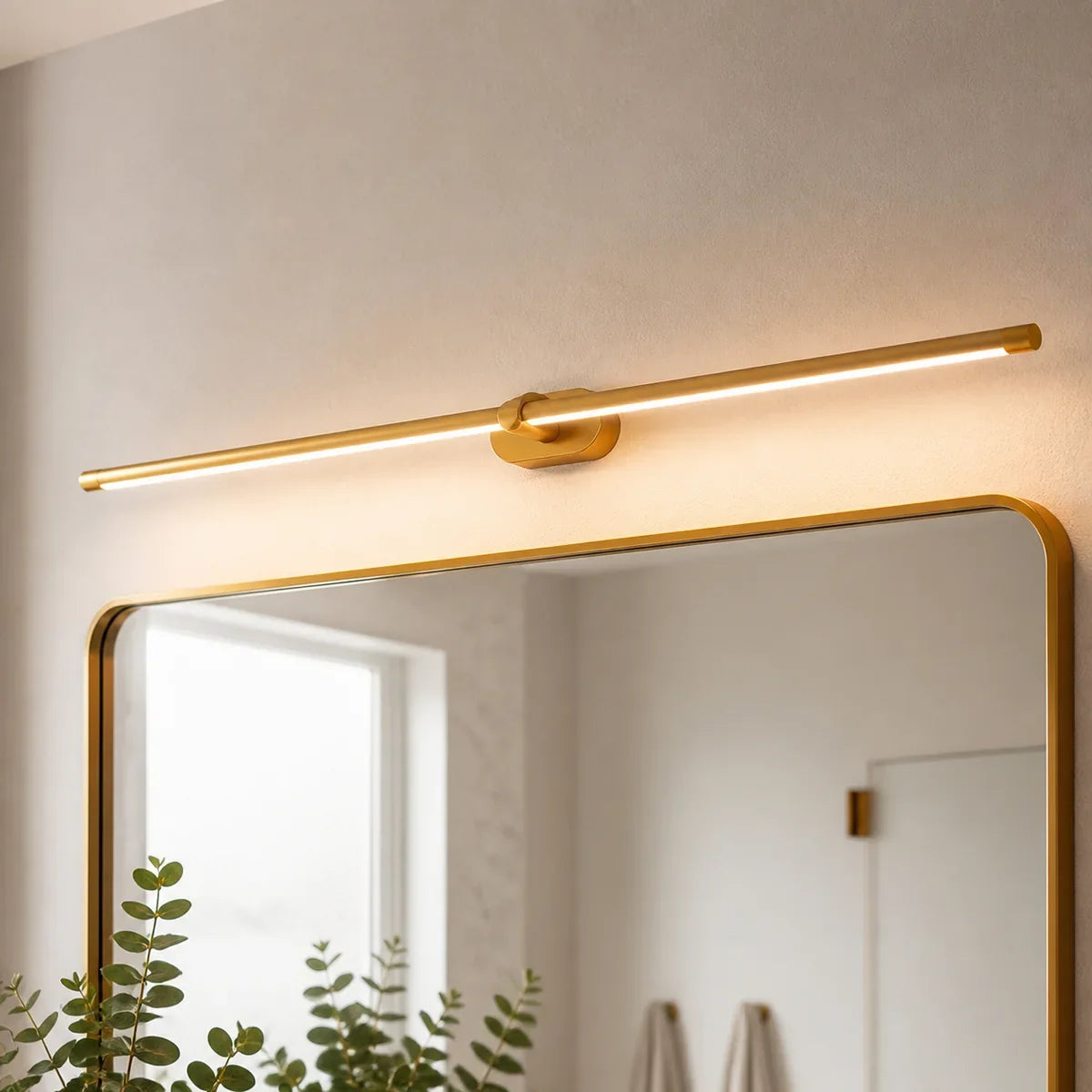 Luminara 50 inch Gold mirror light in a bathroom