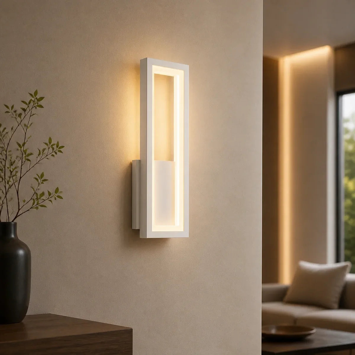 Luminara Acrylic Frame Small White wall sconce in a modern living room