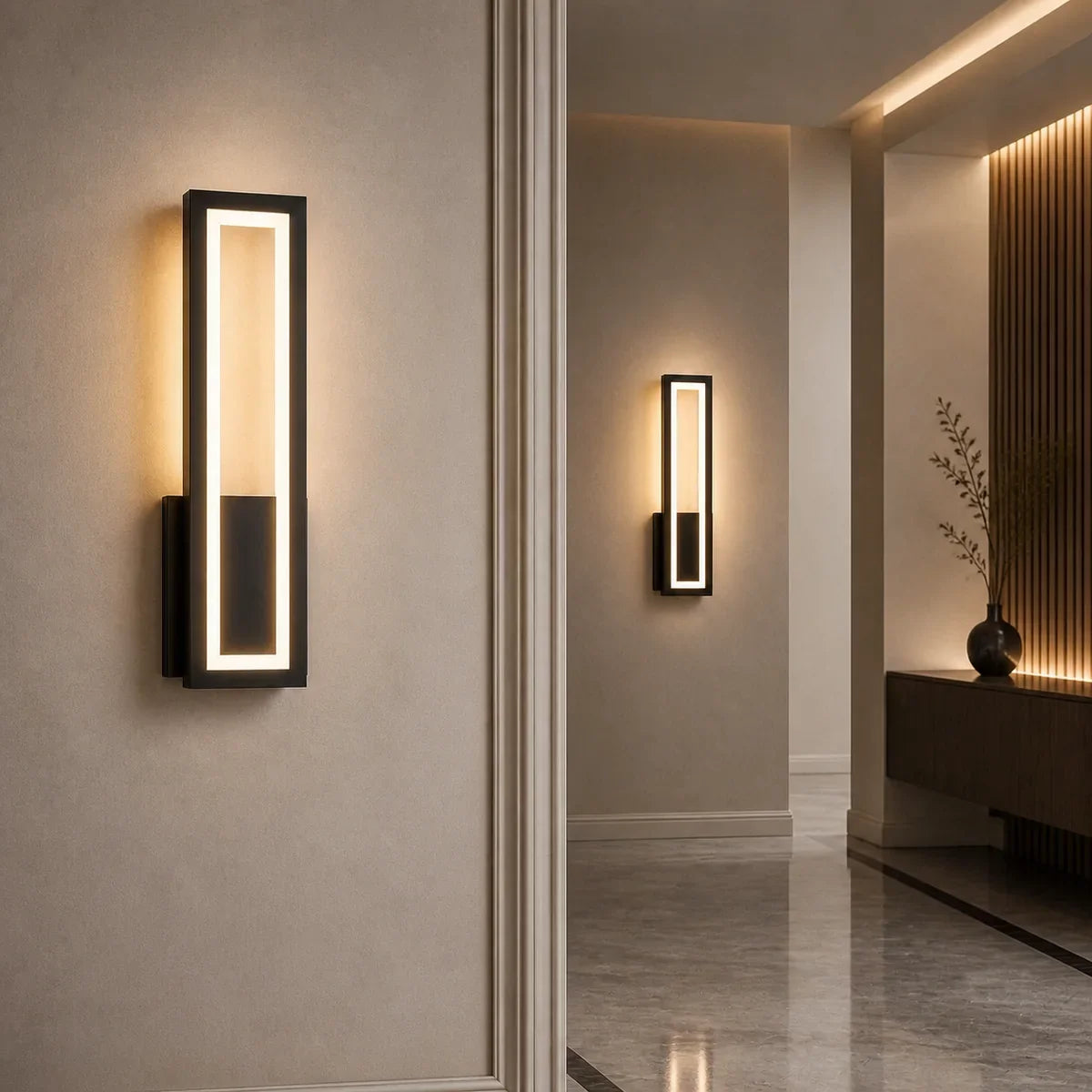 Luminara Acrylic Frame Small and Large Black sconces in a wide hallway