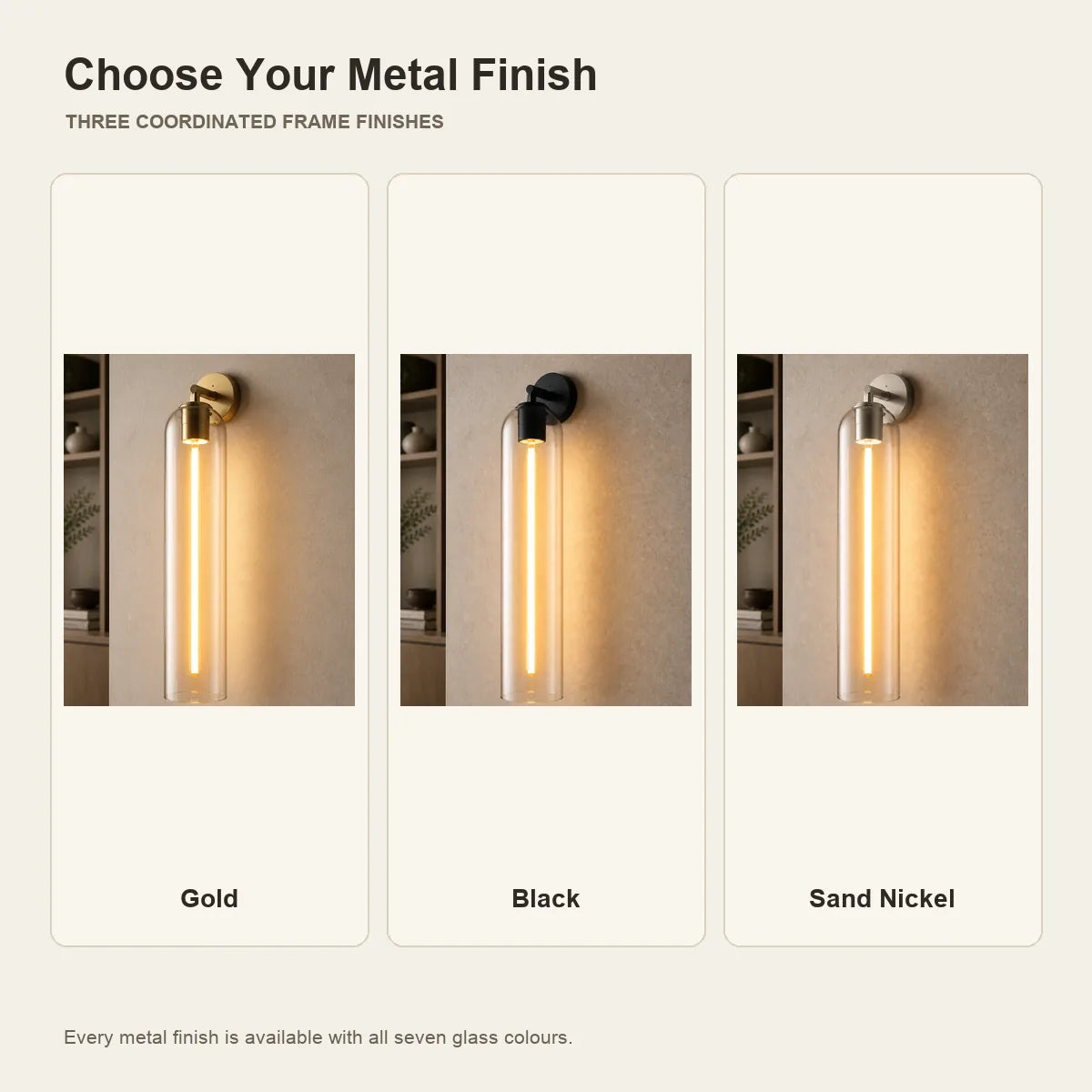 Luminara Gold, Black, and Sand Nickel metal finish comparison