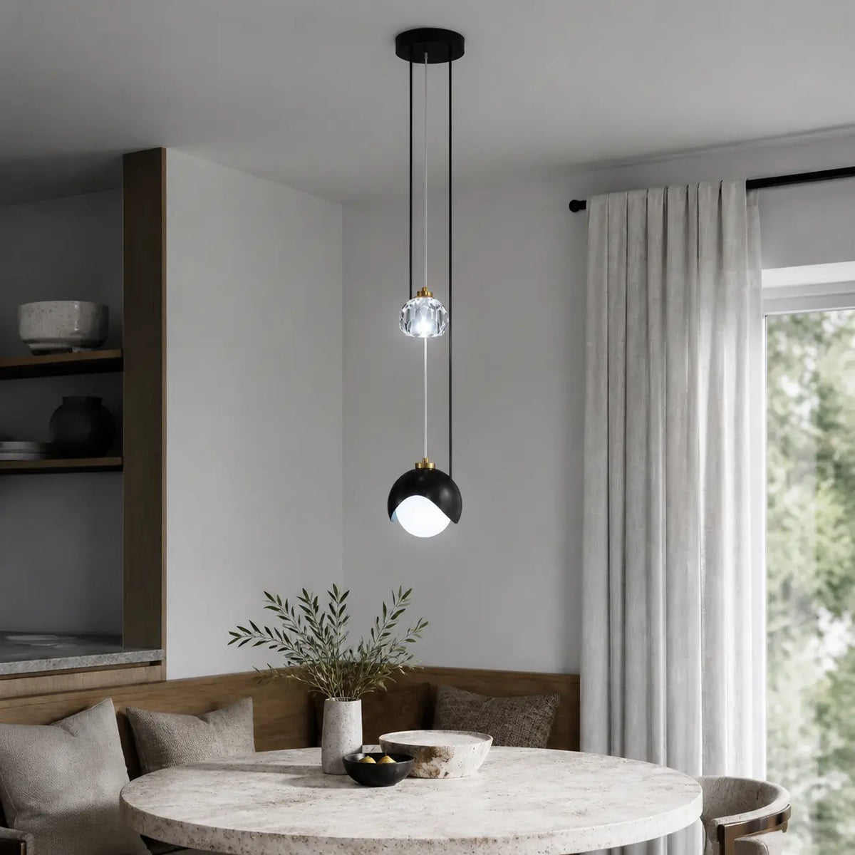 Luminara black glass pendant light above a bright contemporary dining table