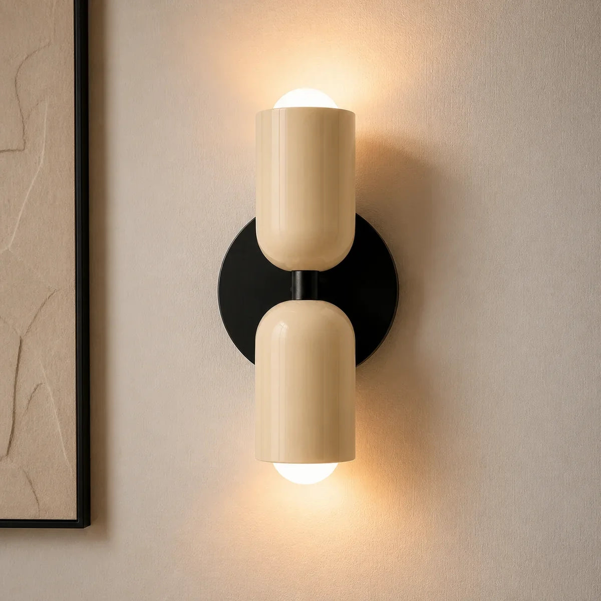Luminara Double Capsule Beige Beige with Black canopy wall sconce