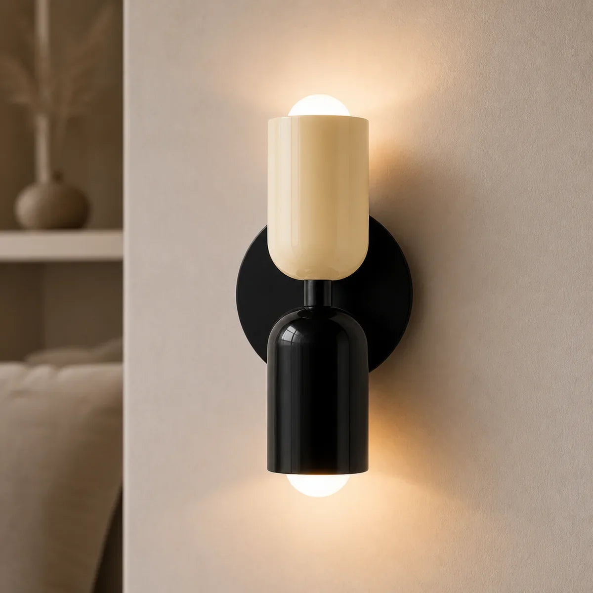 Luminara Double Capsule Beige upper Black lower Black canopy wall sconce