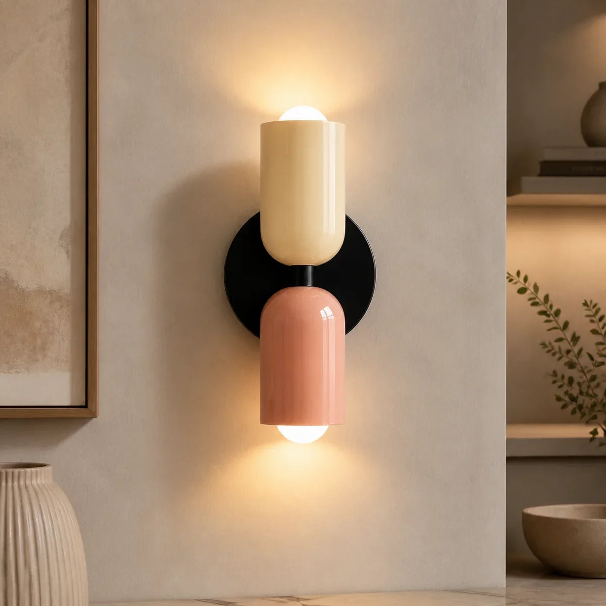 Luminara Double Capsule Beige upper Pink lower Black canopy wall sconce