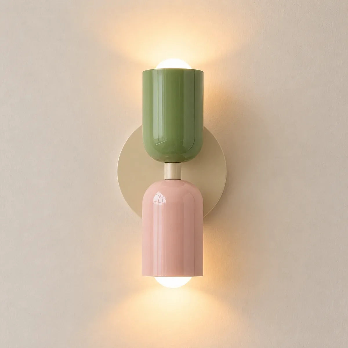 Luminara Double Capsule Green upper Pink lower Beige canopy wall sconce