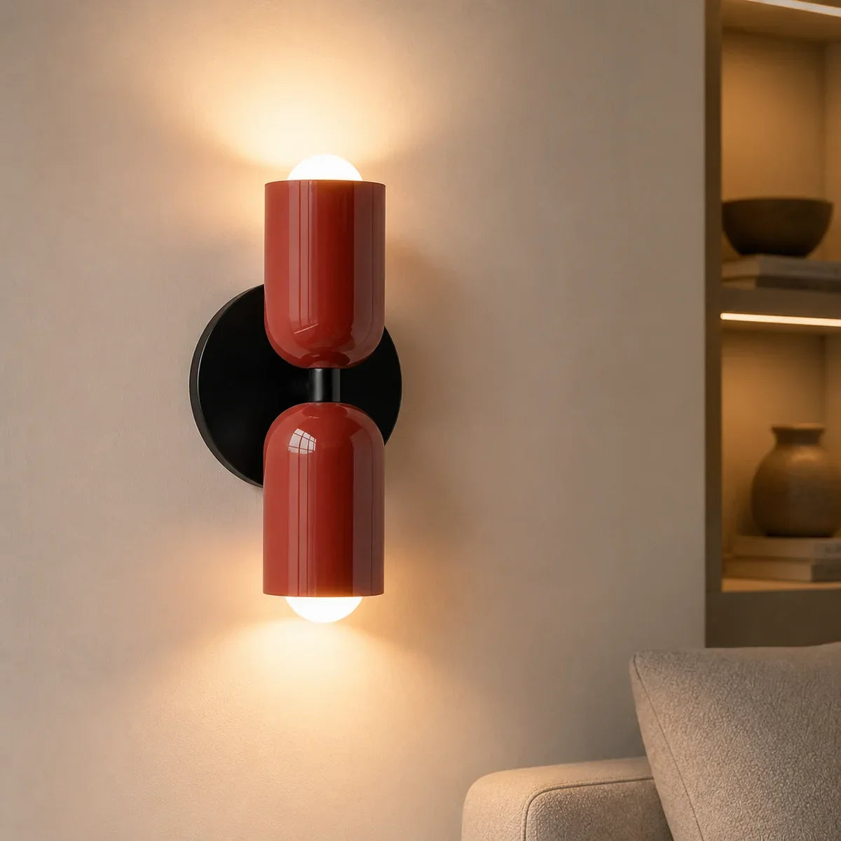 Luminara Double Capsule Red Red with Black canopy wall sconce