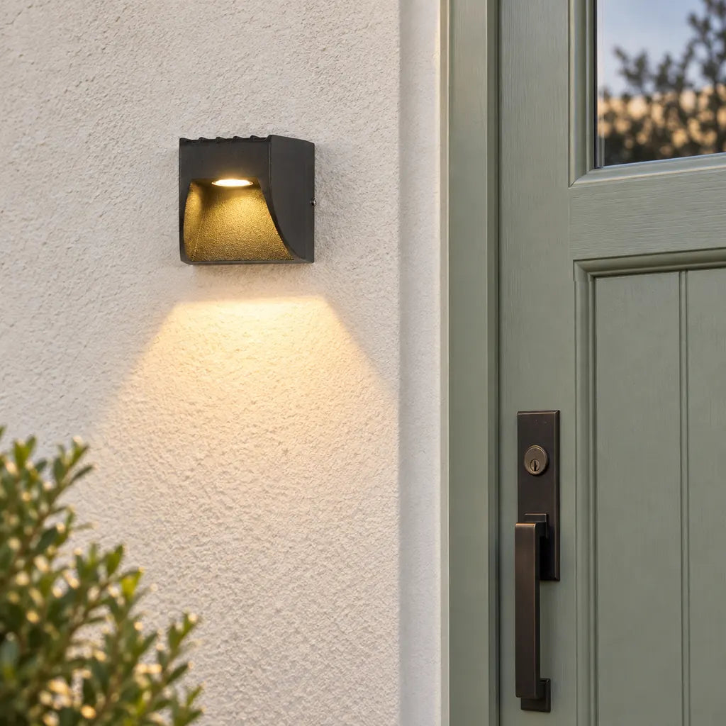 Luminara 9cm downward wall light beside a sage timber front door