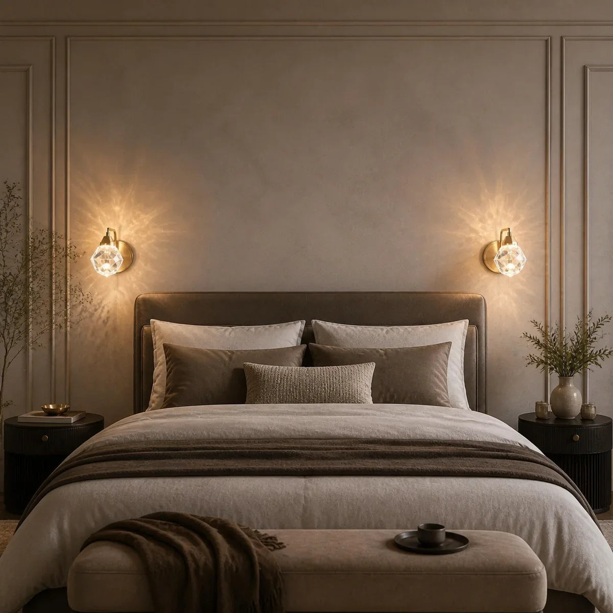 Luminara crystal Sconce pair in a wide bedroom scene