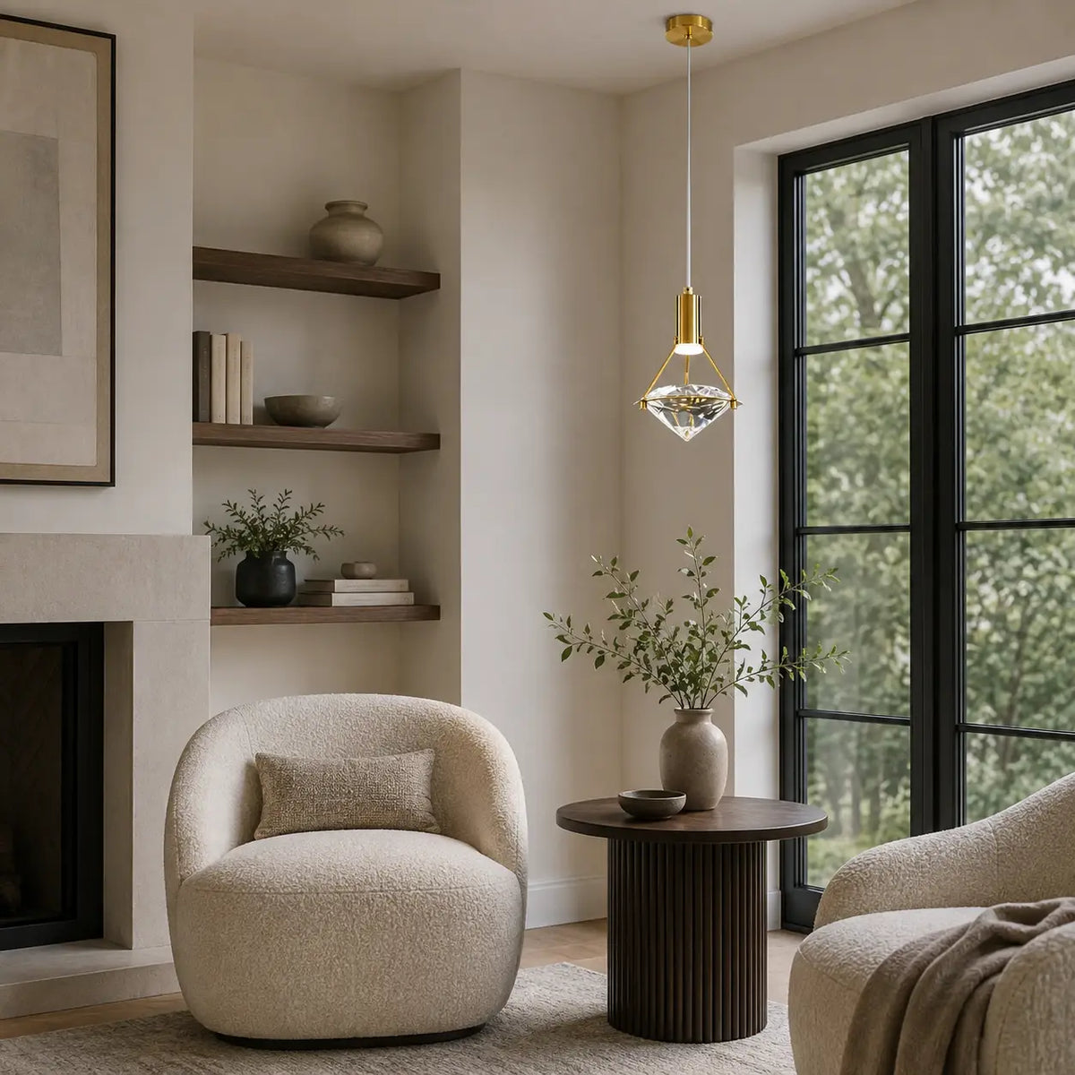 Luminara adjustable crystal pendant light in an elegant contemporary living room