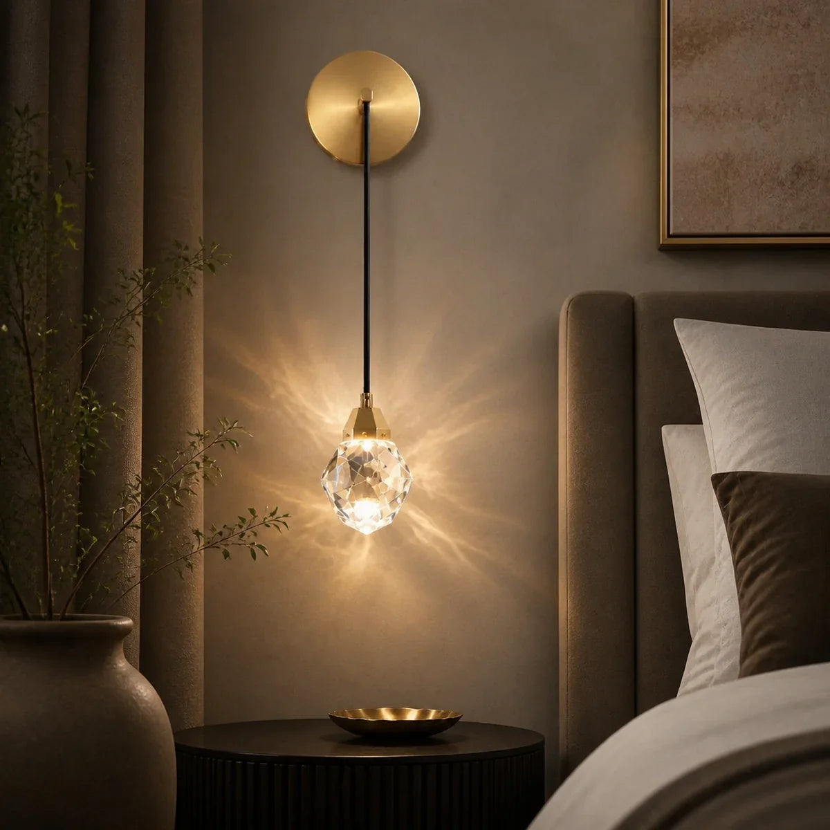 Luminara crystal Wall Drop in Warm White beside a bed