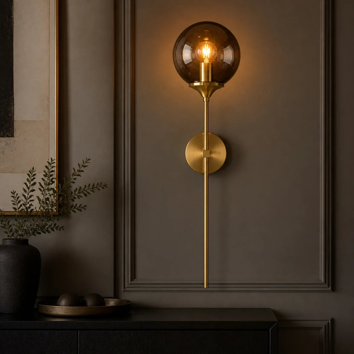 Luminara long-tail smoke glass globe with warm light