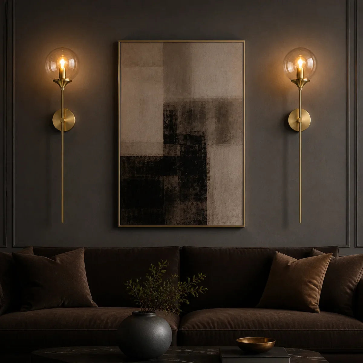 Pair of Luminara long-tail glass globe sconces in a living room