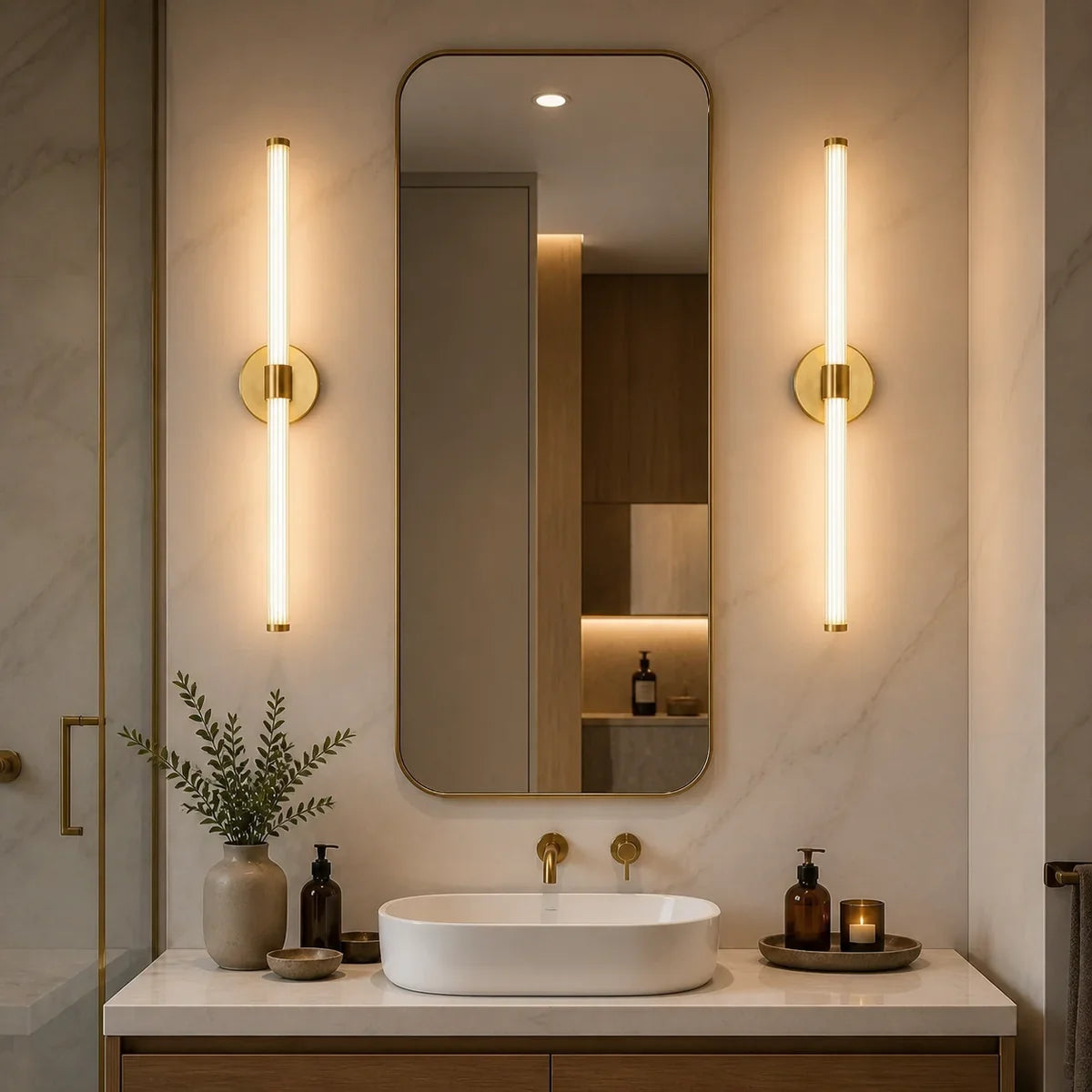 Pair of long Luminara Gold Linear sconces in a bathroom