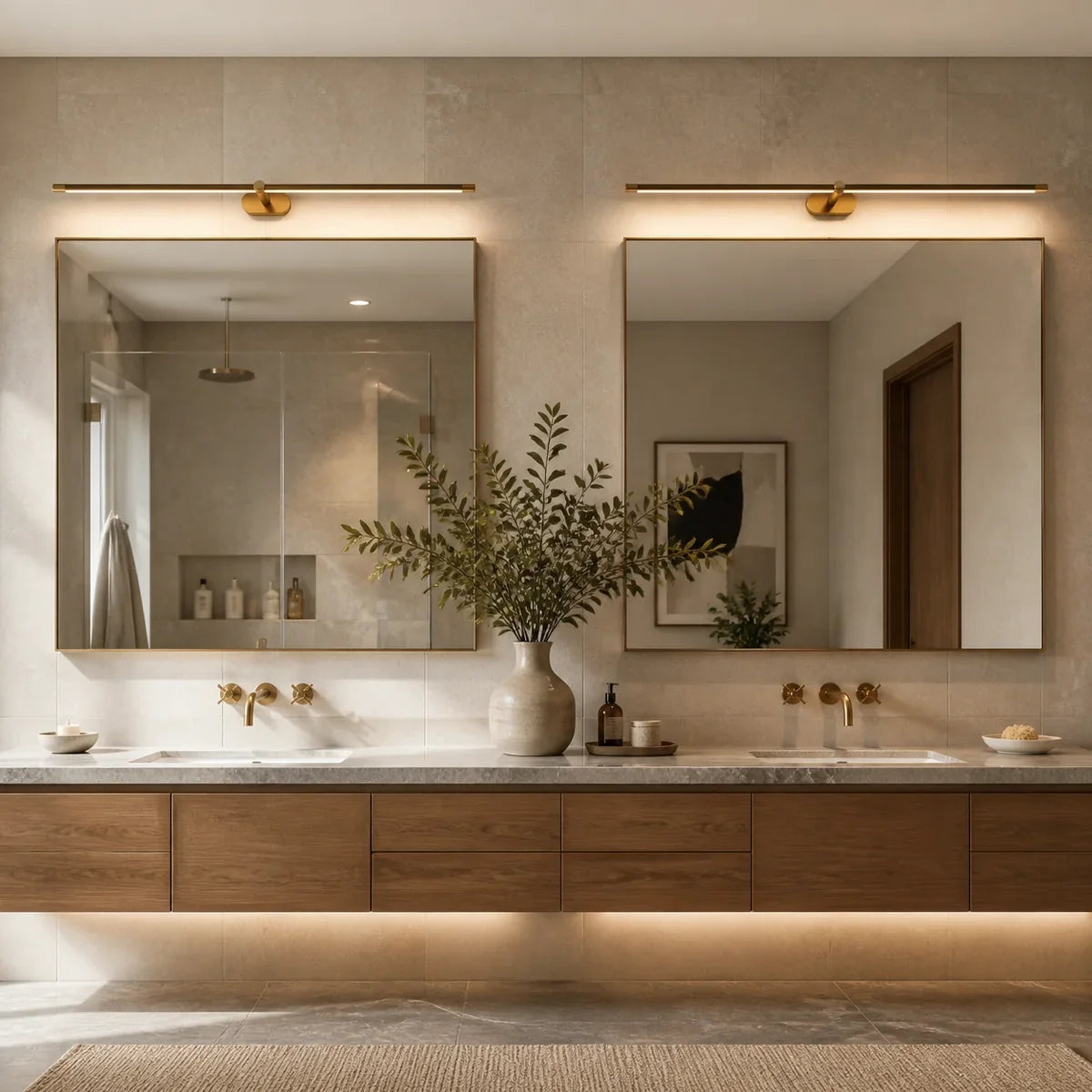 Two Luminara minimalist gold mirror lights above a double vanity