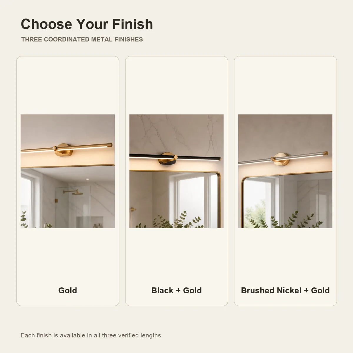 Luminara minimalist mirror light Gold, Black and Gold, and Brushed Nickel and Gold finish comparison