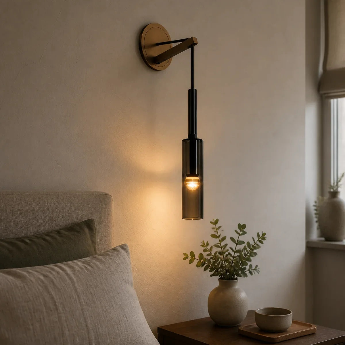 Luminara Nordic smoked-glass wall sconce in a calm bedroom