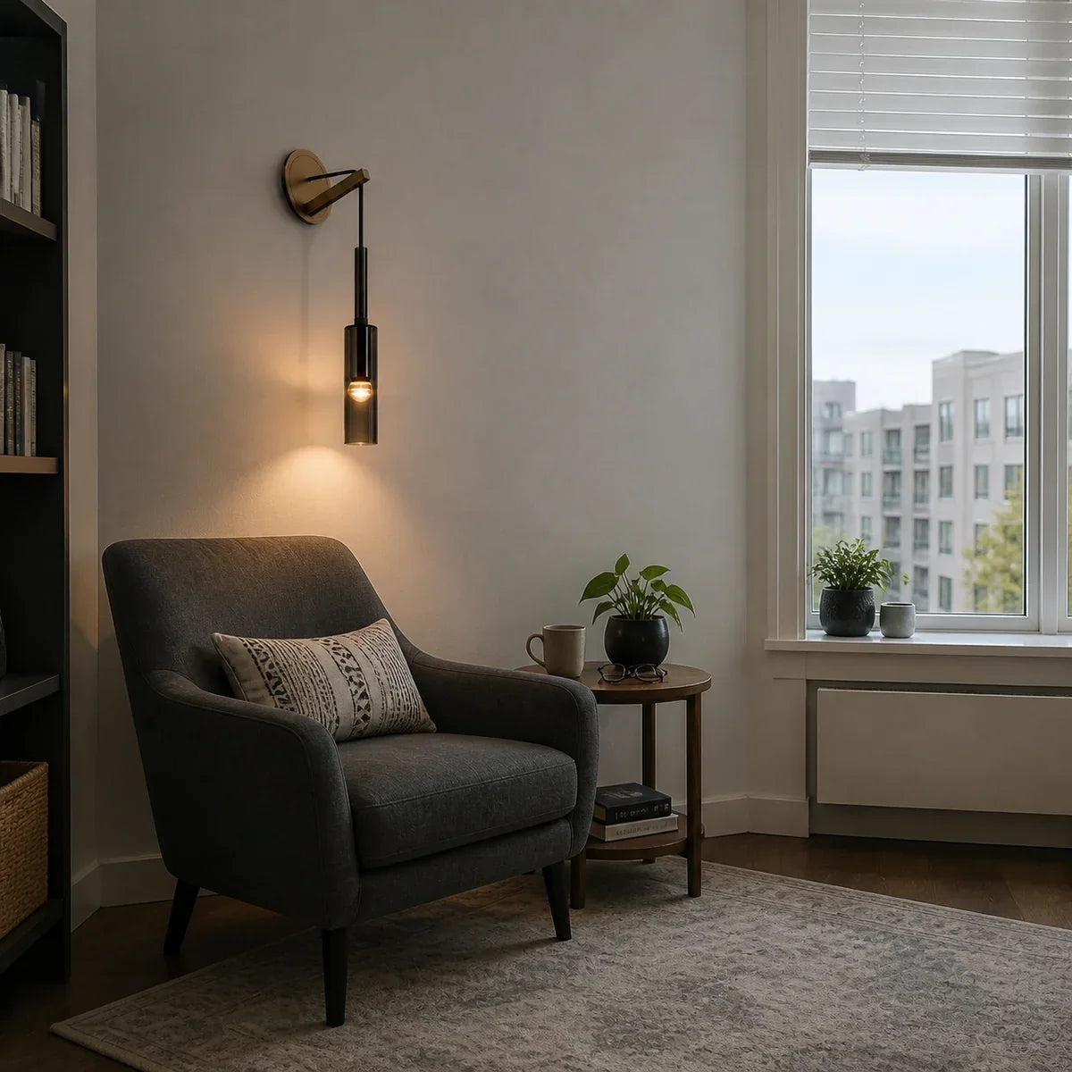 Luminara Nordic wall sconce illuminating a reading corner