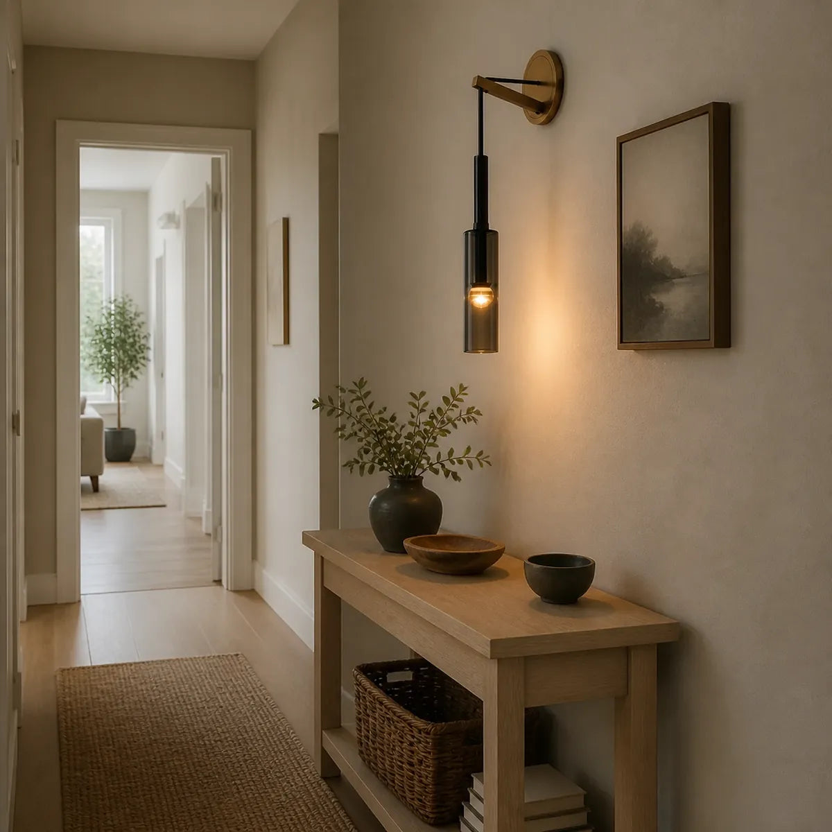 Luminara Nordic smoked-glass wall sconce in a Scandinavian hallway