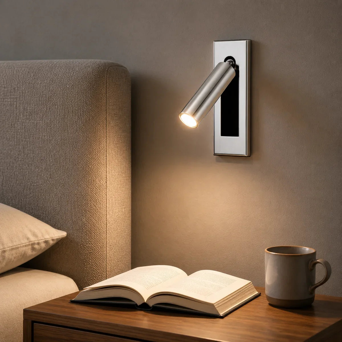 Luminara Chrome hidden-switch reading light beside a bed