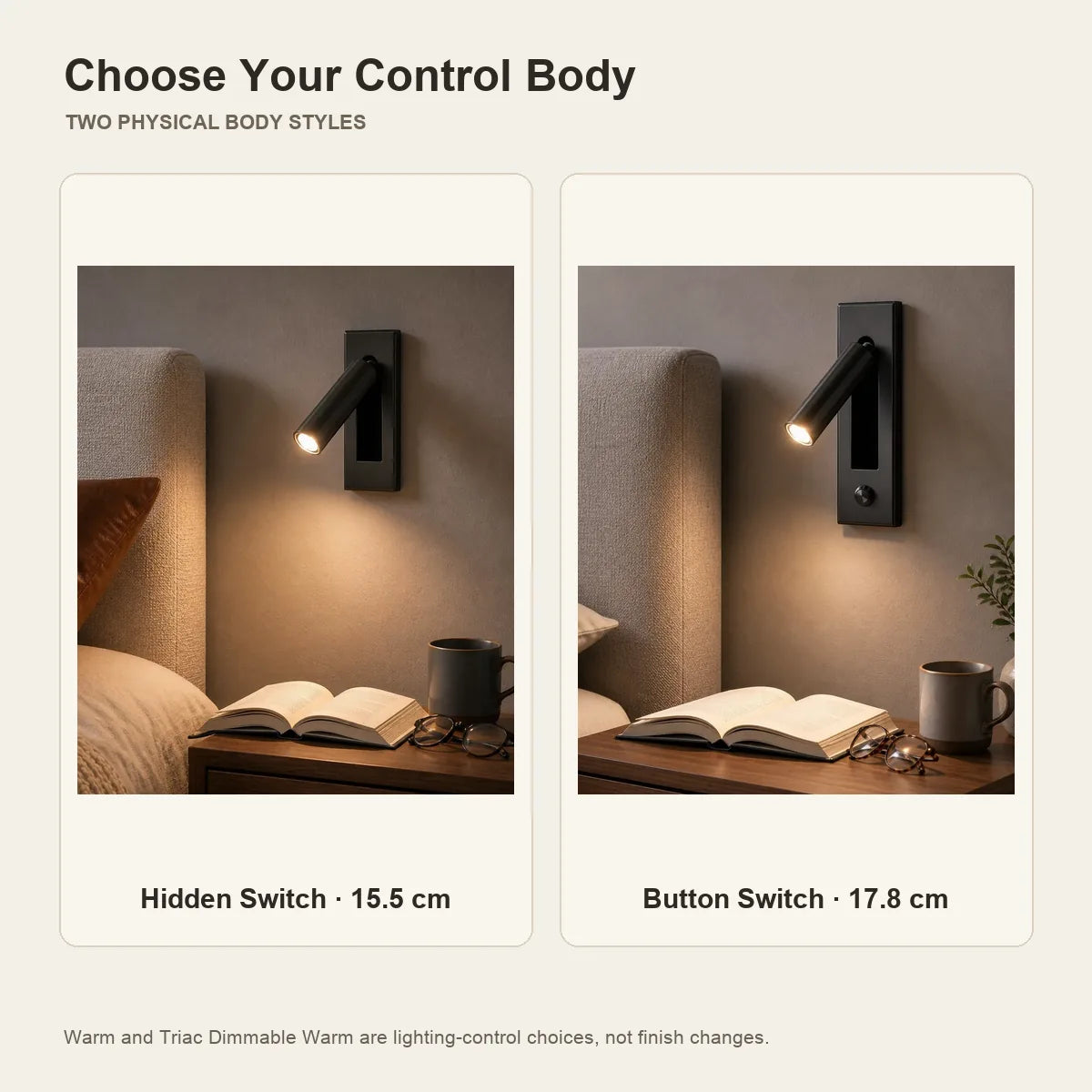 Luminara hidden-switch and button-switch reading light body comparison
