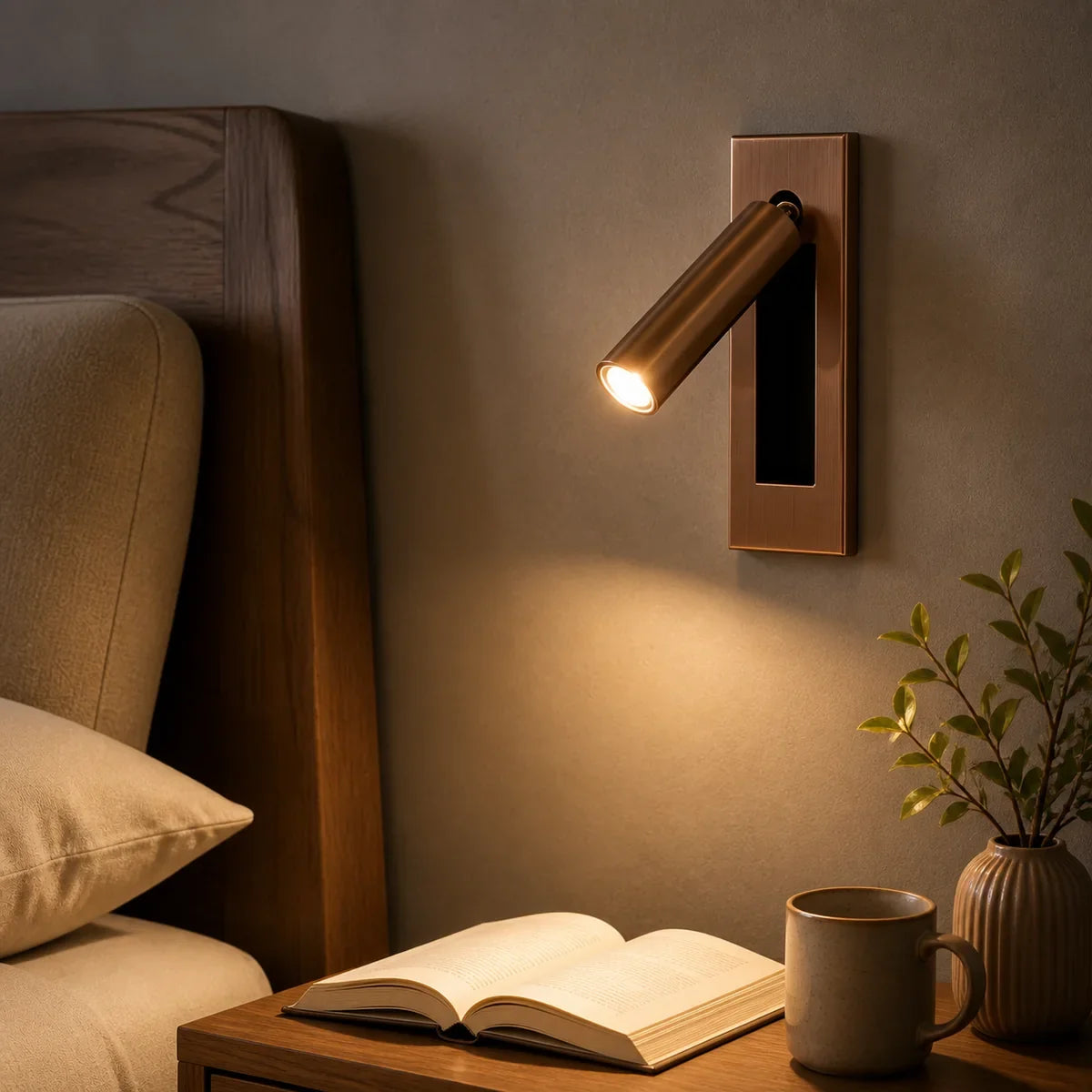 Luminara Copper hidden-switch reading light beside a bed