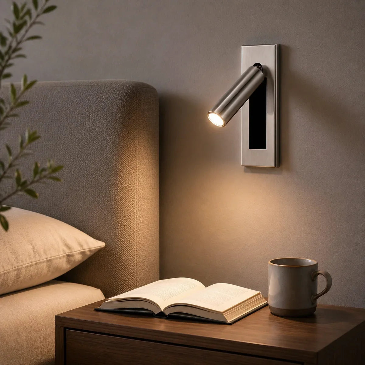 Luminara Nickel hidden-switch reading light beside a bed