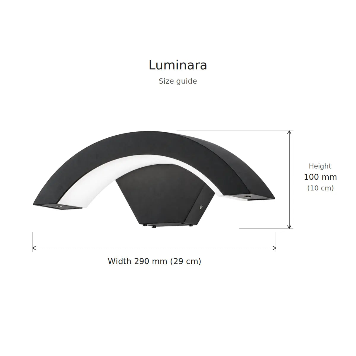 Luminara size guide on a pure white background: width 290 mm (29 cm), height 100 mm (10 cm)