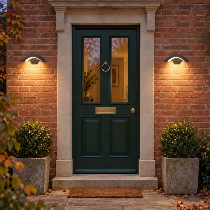 Two Luminara curved black wall sconces illuminating a British brick entrance with warm light