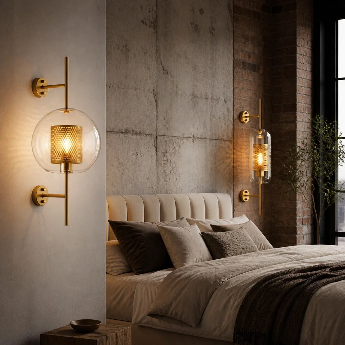 LuminaSphere Globe and Tube wall sconces in a wide bedroom scene