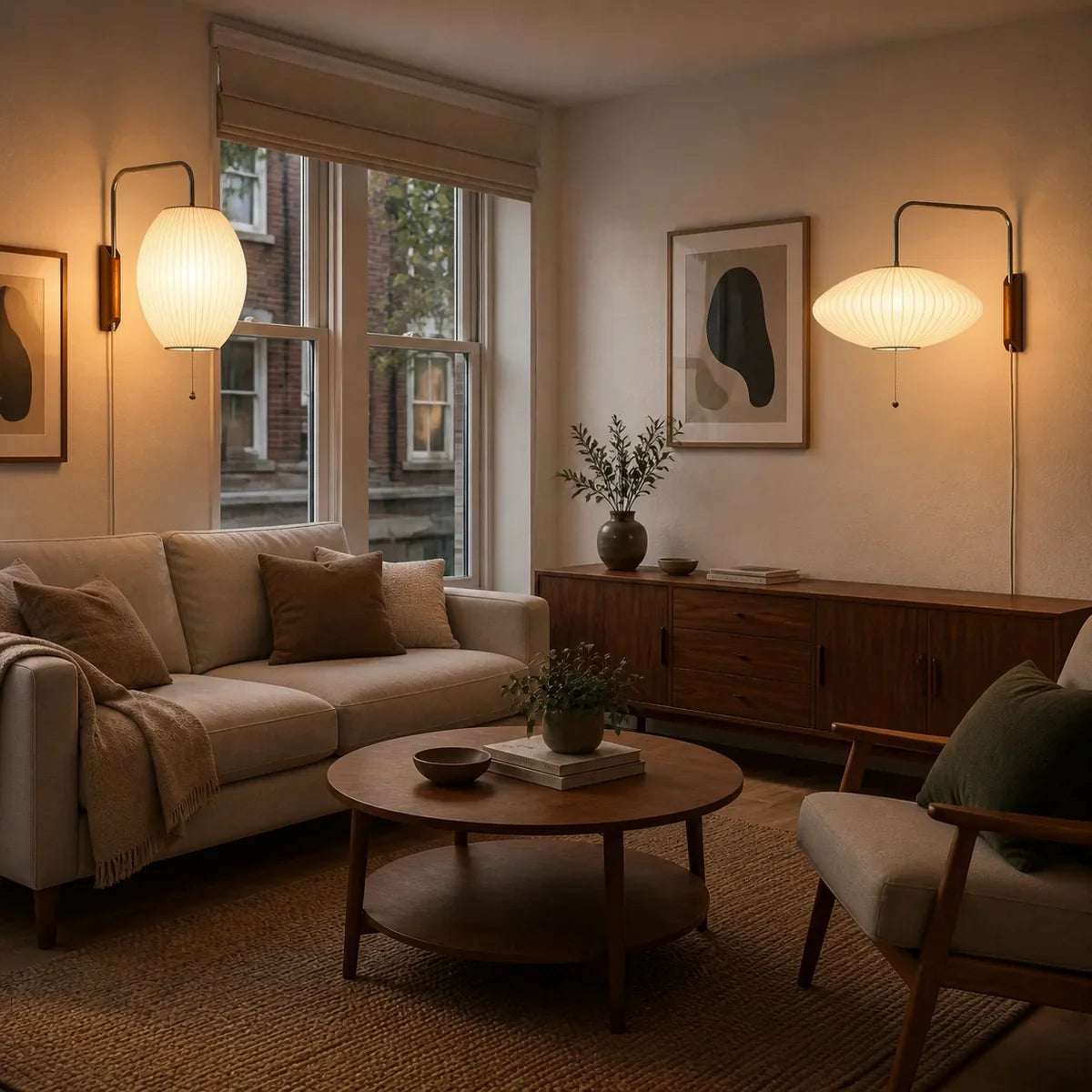 LuminaSphere Model A and D plug-in sconces in a wide living room