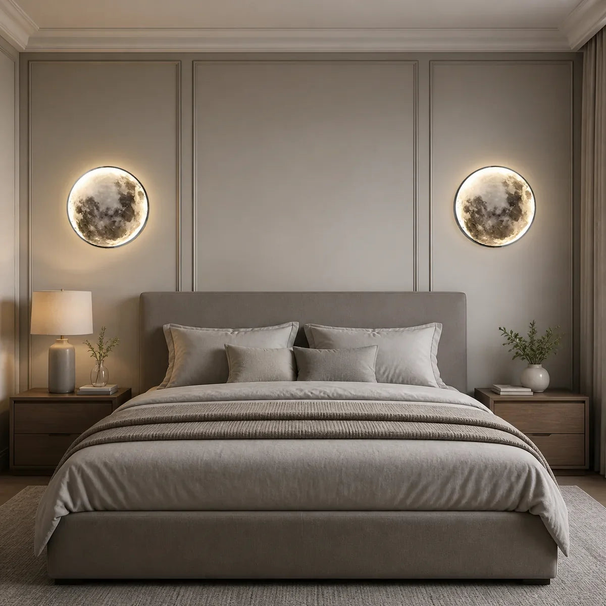 Pair of Lunara moon wall sconces in a wide bedroom scene