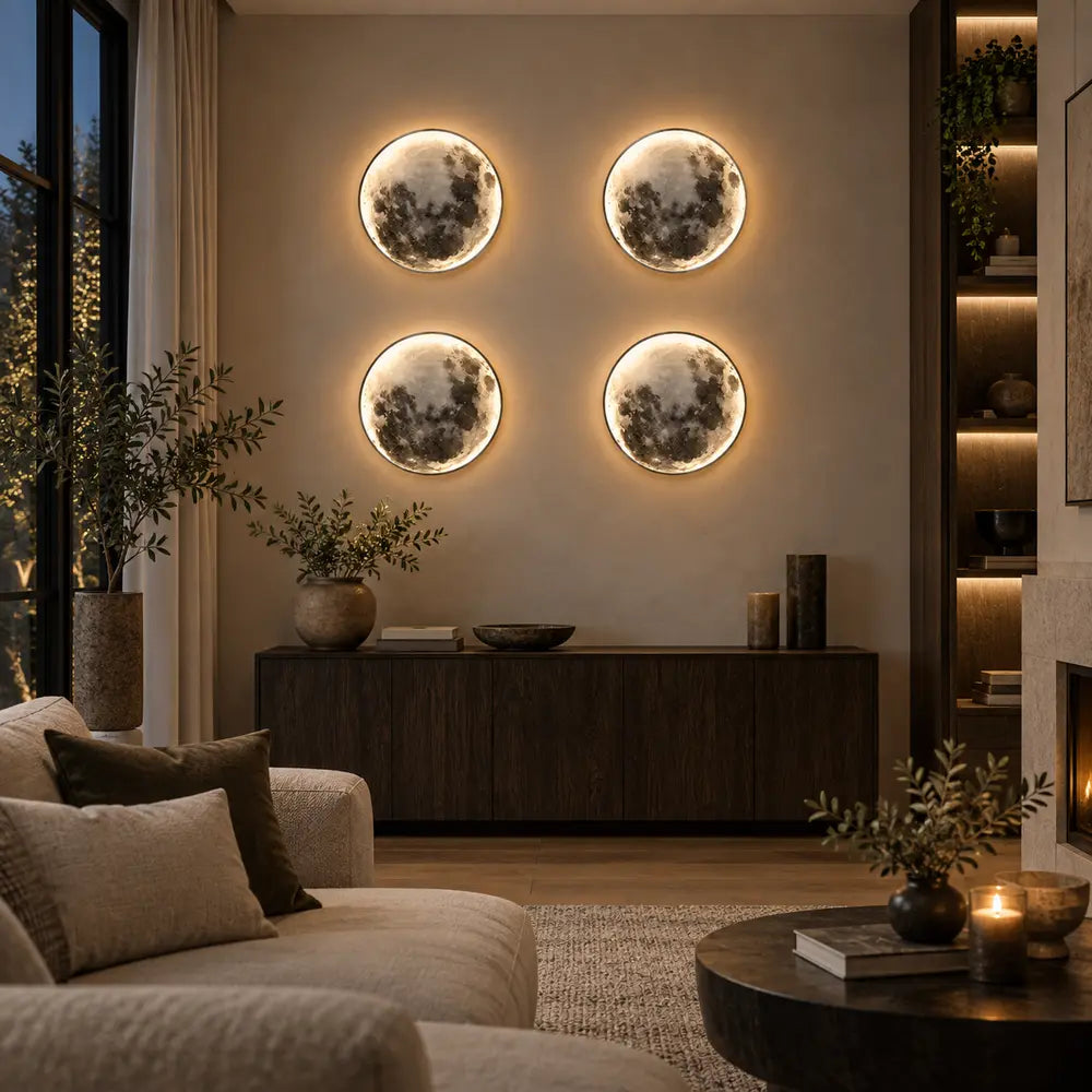 Set of four Lunara moon wall sconces in a premium living room