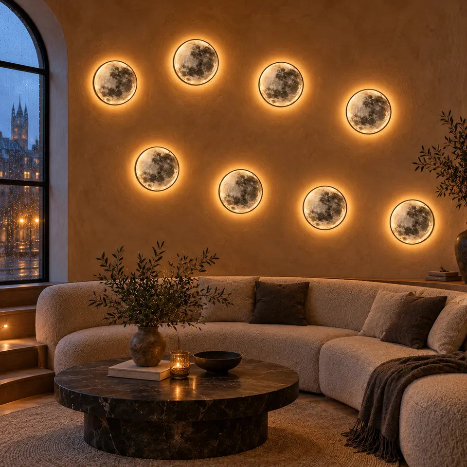 Set of eight Lunara moon wall sconces in a curved luxury lounge