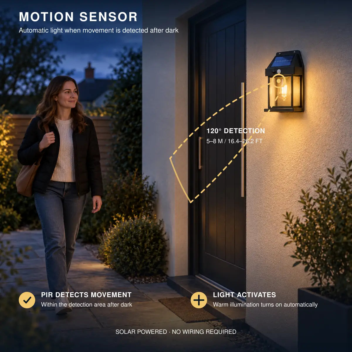 Solar Motion Sensor Wall Light | Waterproof Outdoor Lantern, No Wiring