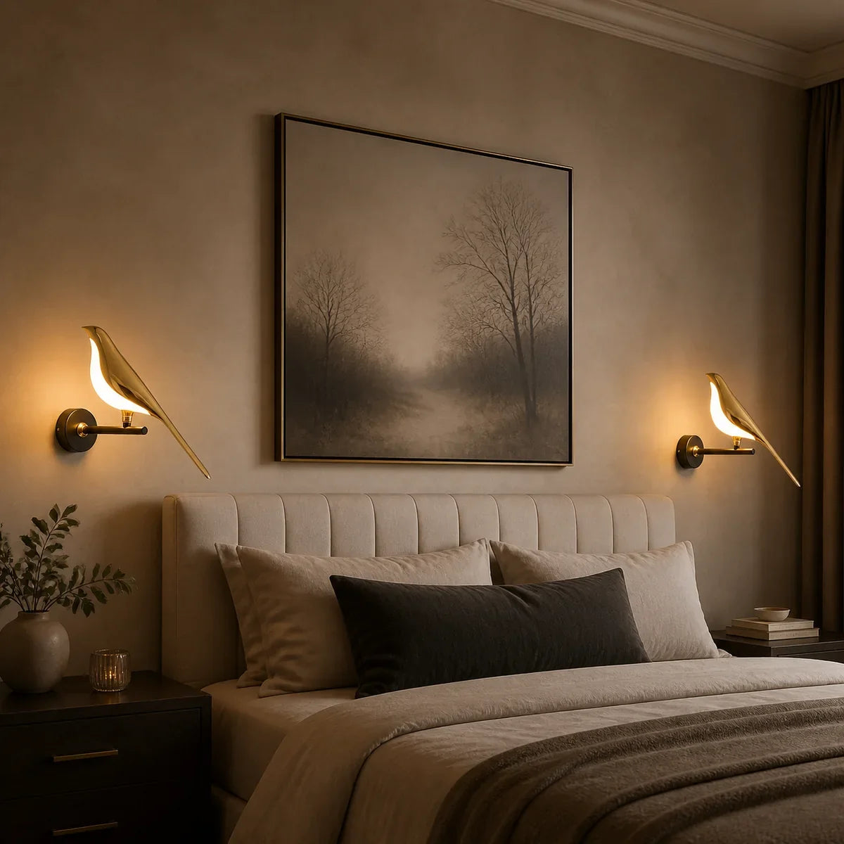 Pair of NordicAura one-bird wall sconces in a wide bedroom scene