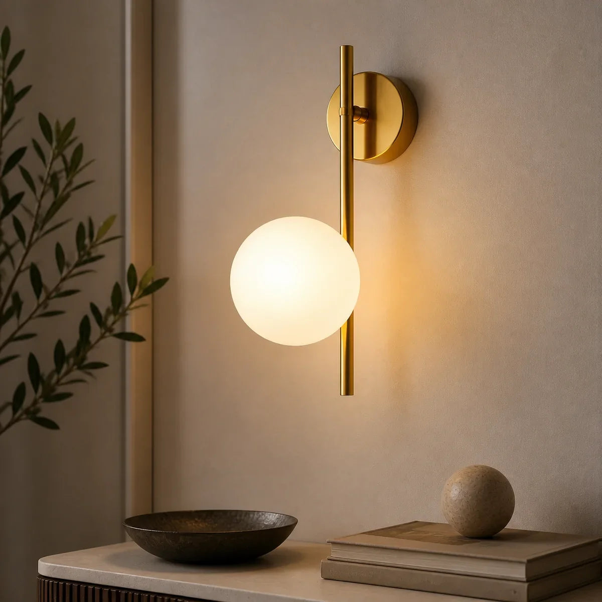 NordicGlow gold wall sconce with warm white frosted globe
