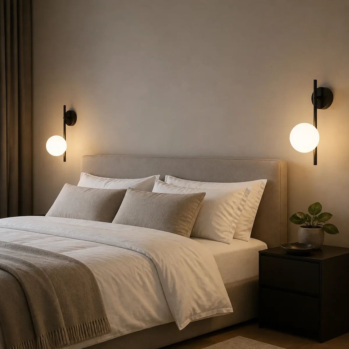 Pair of black NordicGlow wall sconces in a bedroom