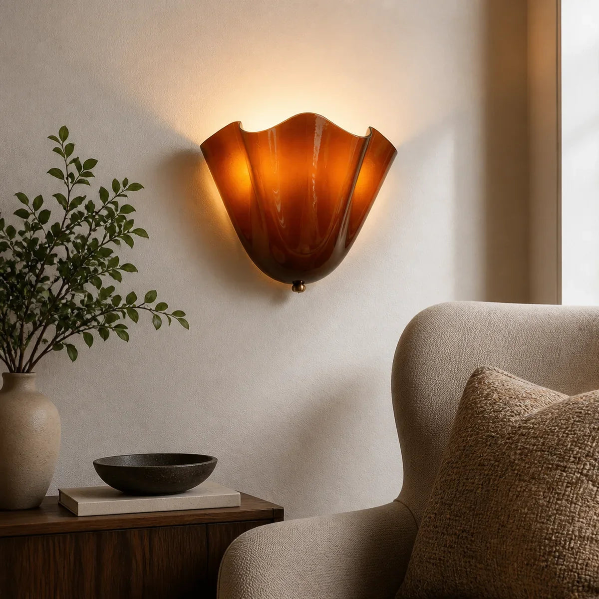 PetalGlow amber sculptural glass wall sconce lifestyle