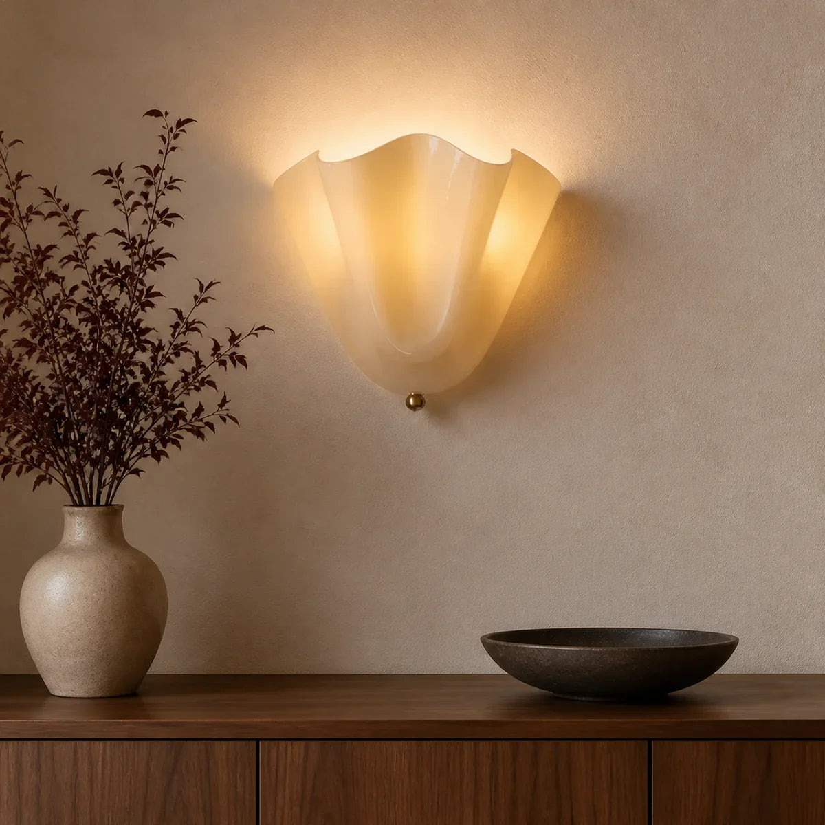 PetalGlow beige sculptural glass wall sconce lifestyle