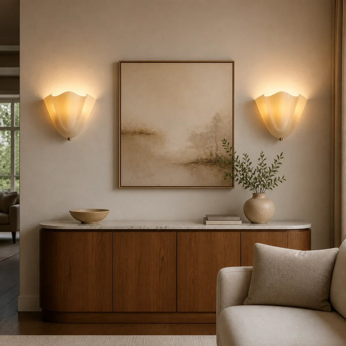 Pair of PetalGlow beige wall sconces above a console
