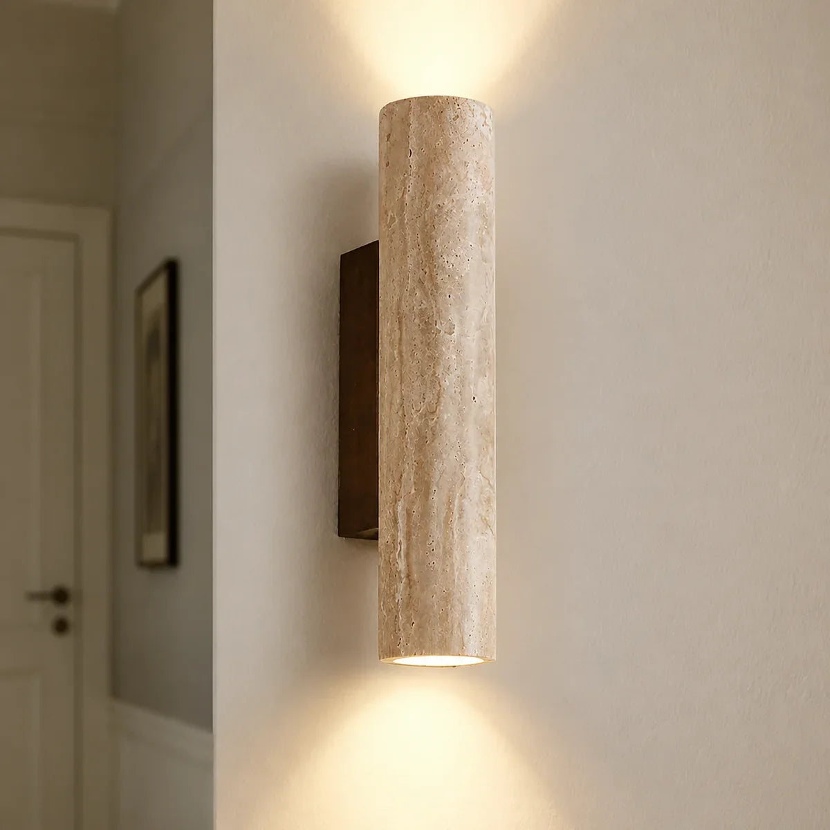 TravertineGlow 28 cm natural stone wall light close lifestyle view