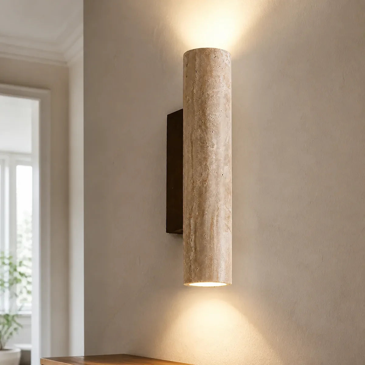 TravertineGlow 32 cm natural stone wall light close lifestyle view