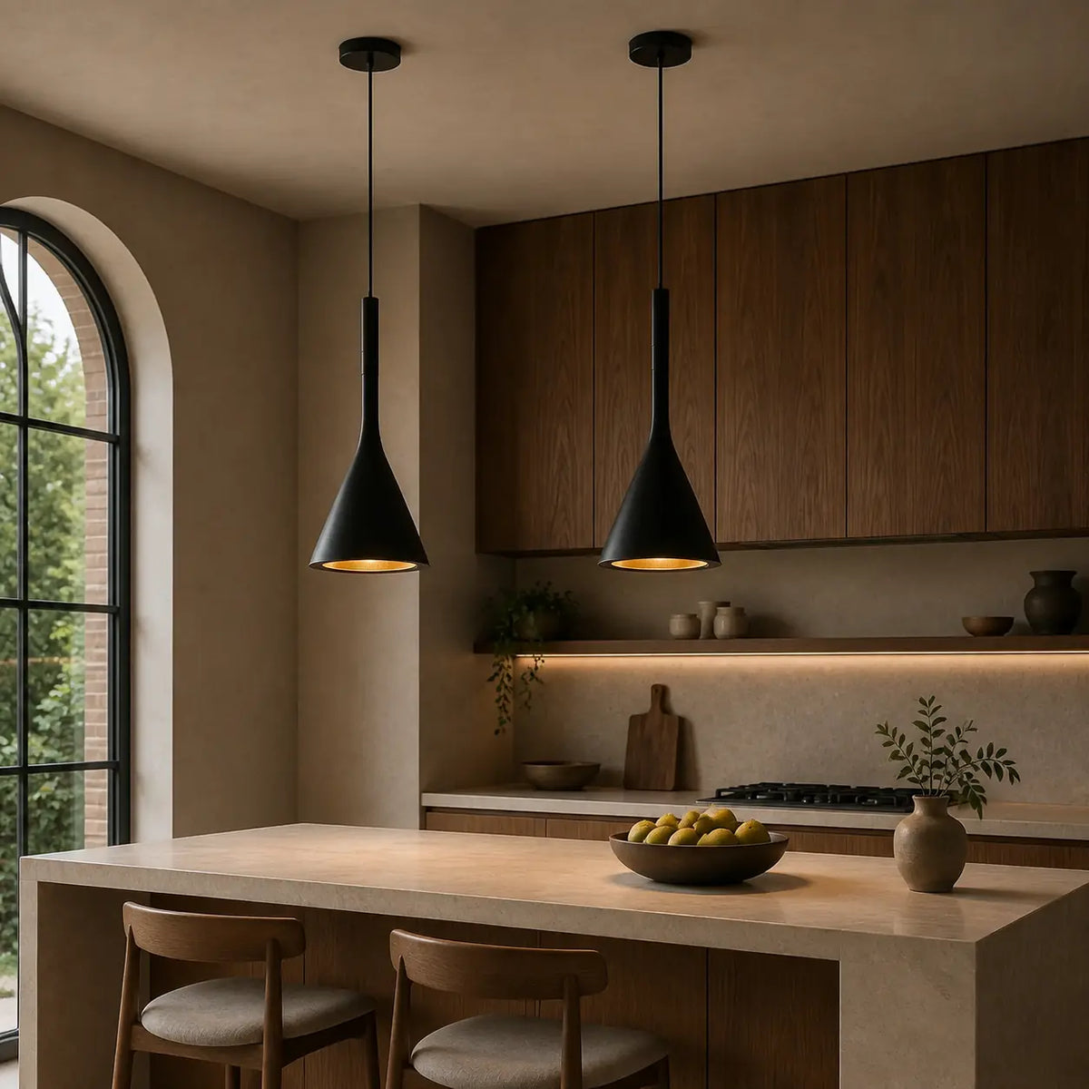 Two TulipGlow black Nordic pendant lights above a modern kitchen island