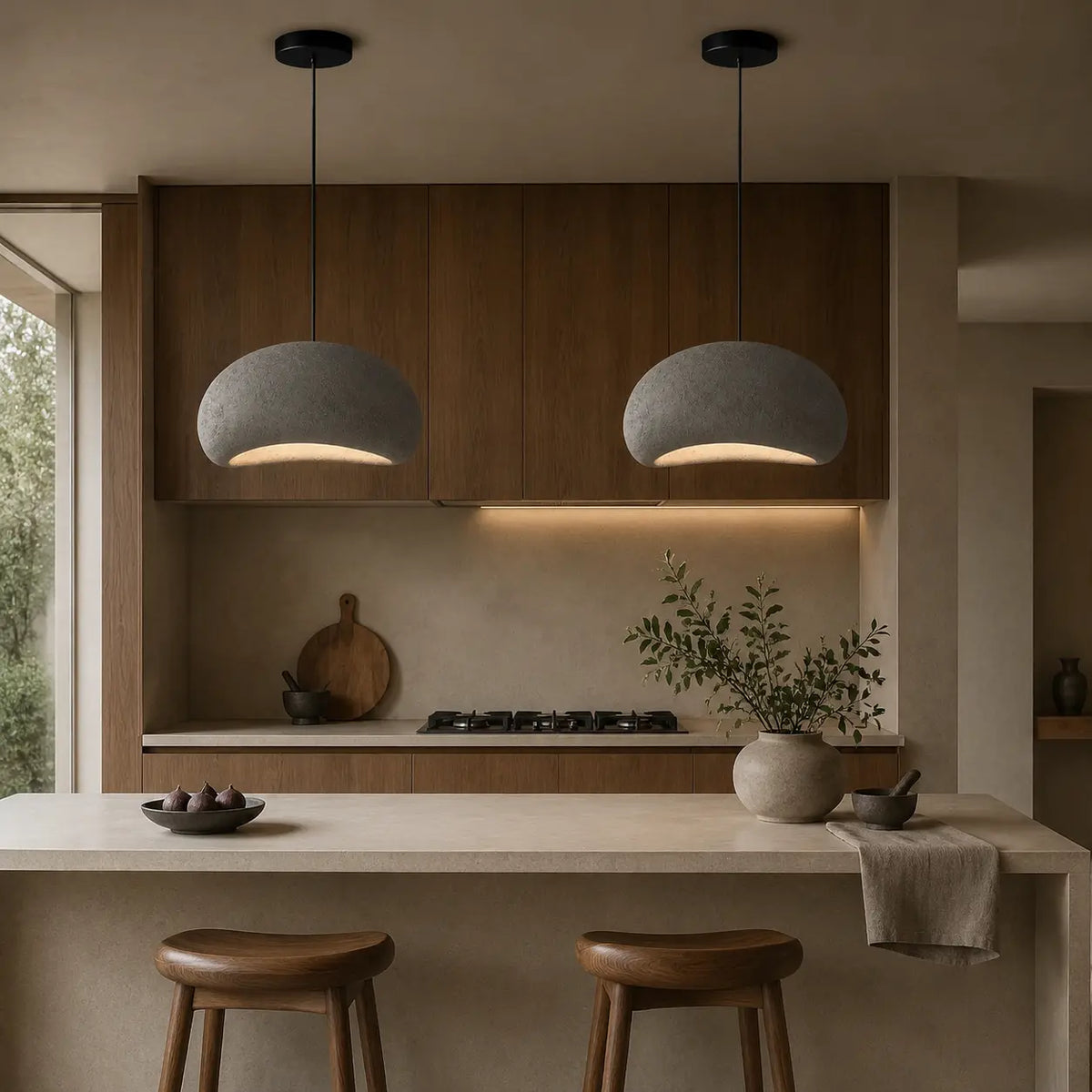 Two WabiSabi dark grey fiberglass pendant lights above a contemporary kitchen island