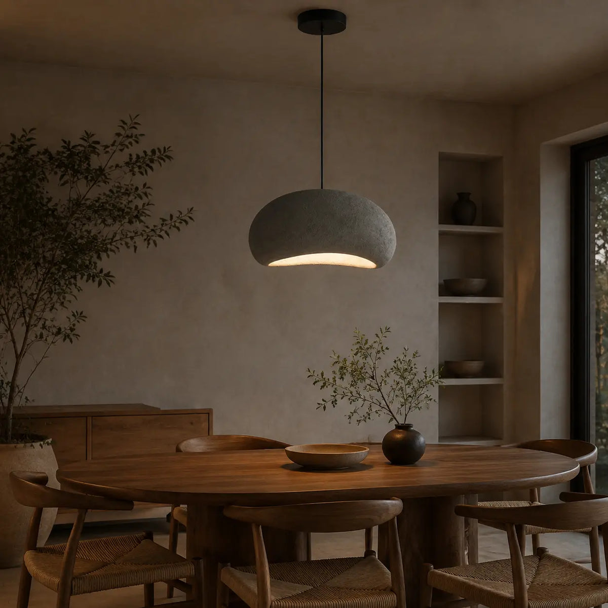 WabiSabi light grey fiberglass pendant light in a bright minimalist kitchen