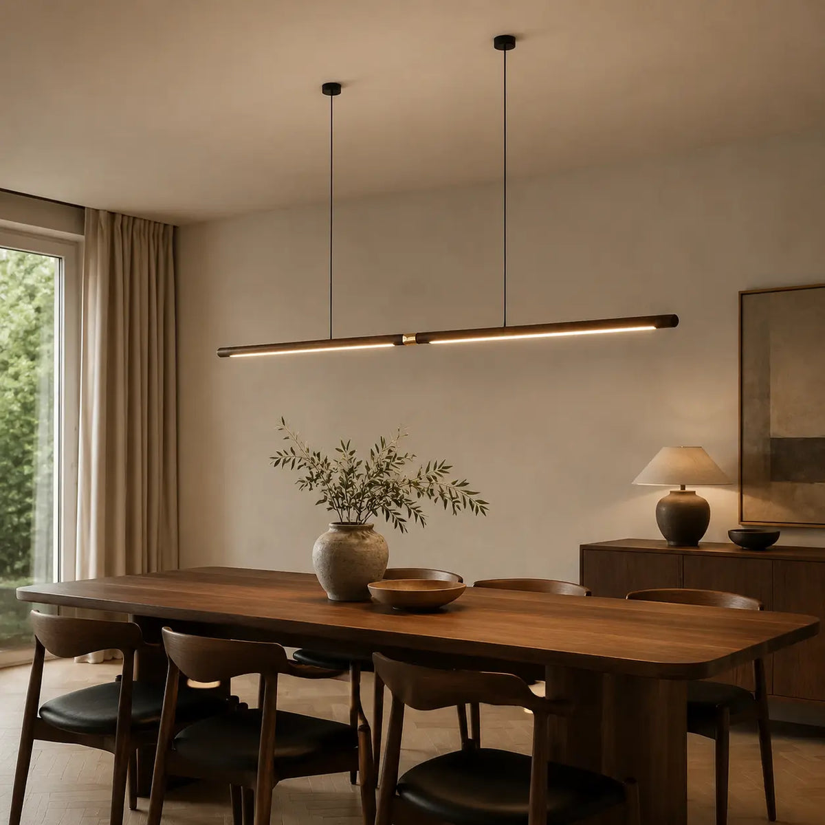 WalnutGlow adjustable linear walnut pendant light above a modern dining table