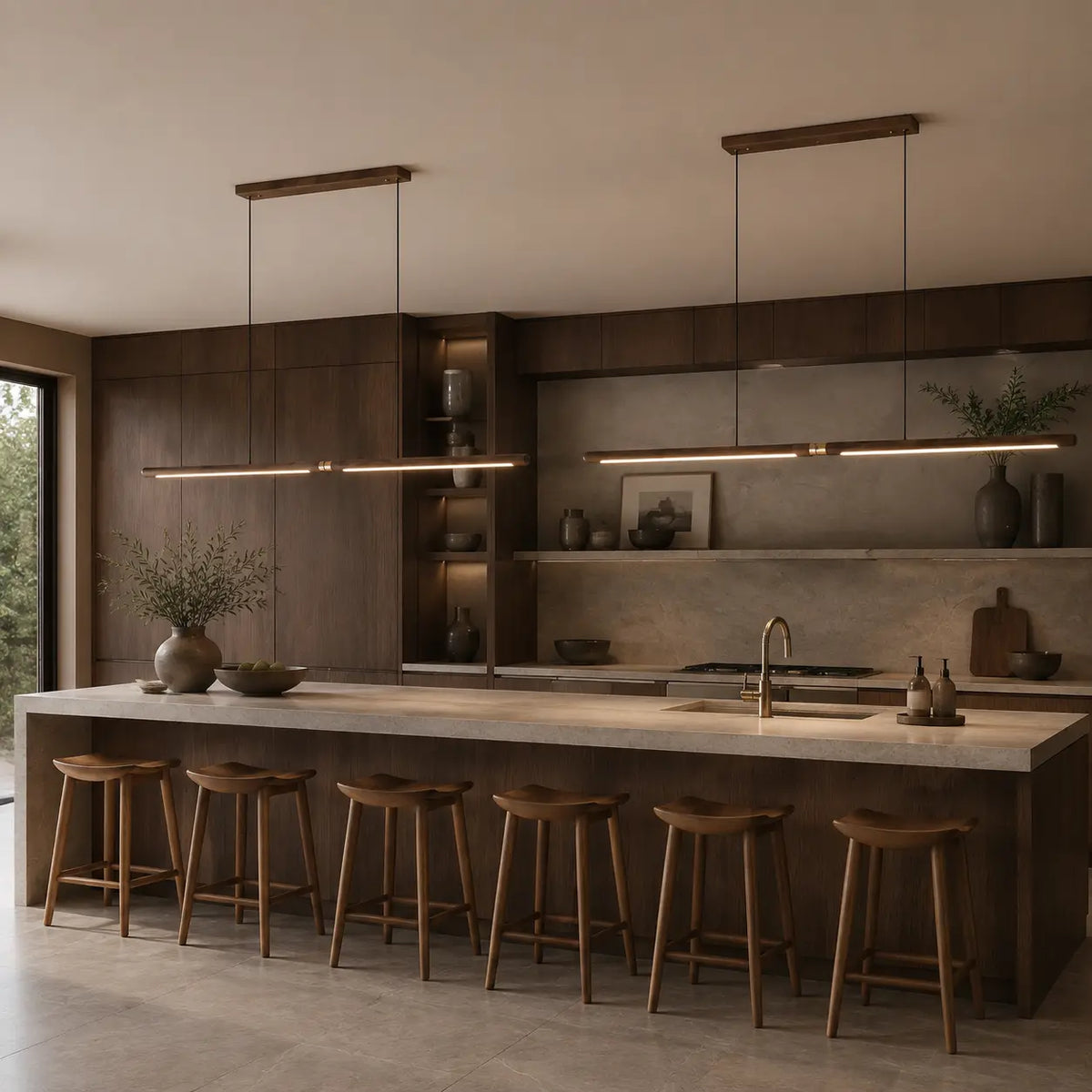 WalnutGlow adjustable linear walnut pendant light illuminating a dark modern kitchen