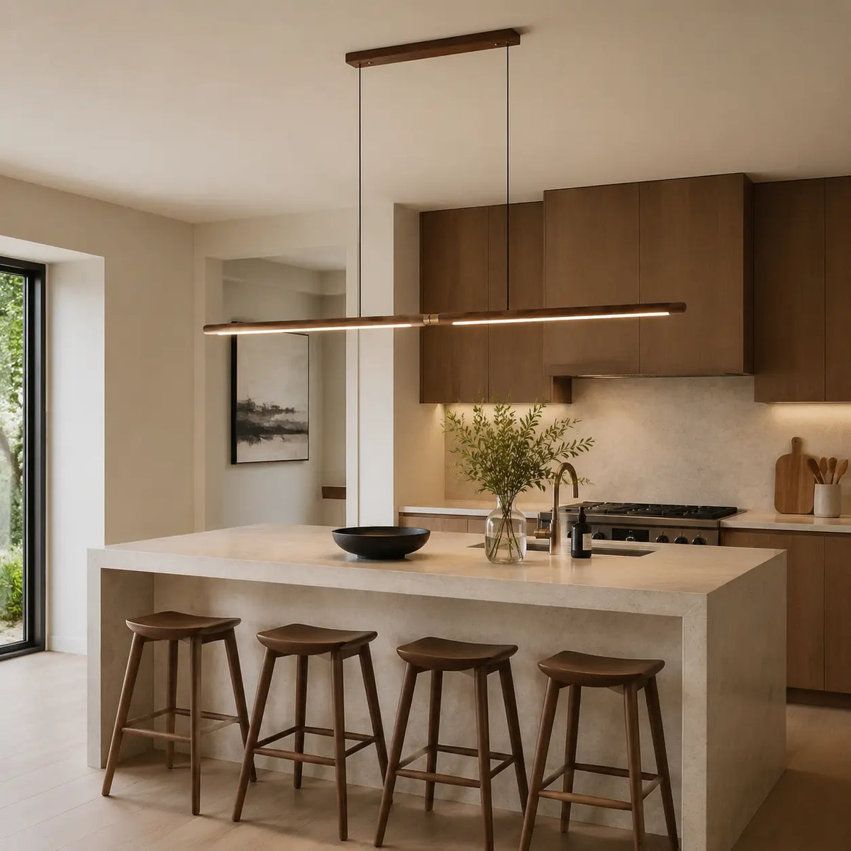 WalnutGlow adjustable linear walnut pendant light above a contemporary kitchen island